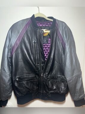 Harley Davidson Vintage 80s 90s Black Purple Leather Bomber Motercycle Jacket M